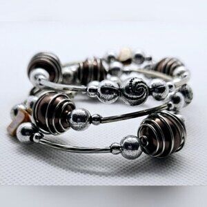 Silver Tone Spiral Wire Bracelet Copper Bead Boho Artisan Style